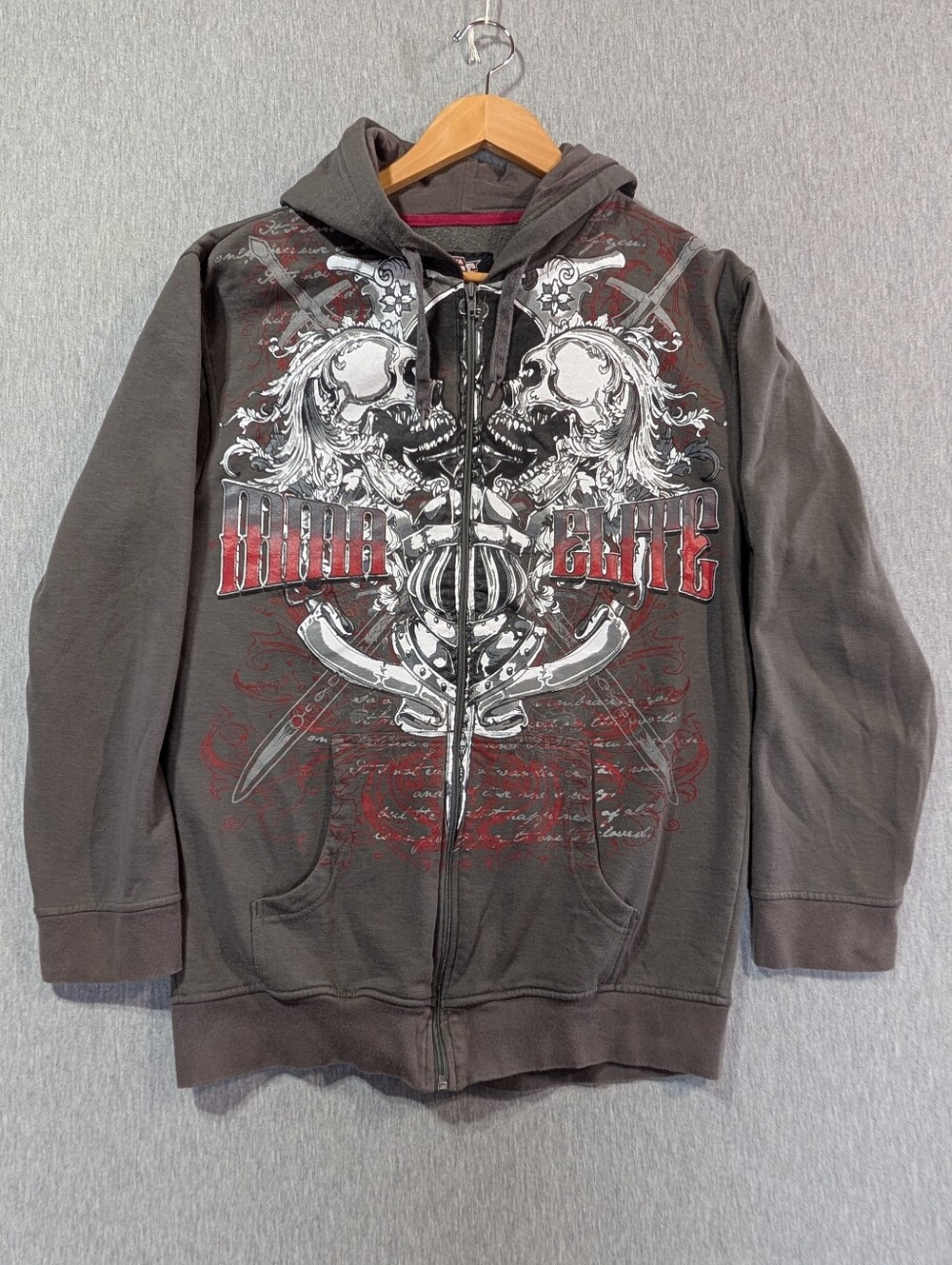MMA Elite Zip Hoodie Men's Small Gray Red Vintage Graphic